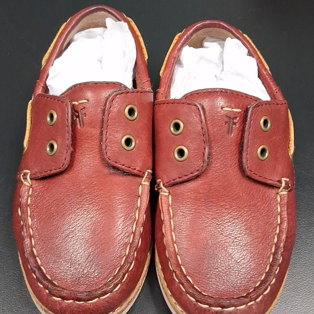 Frye Mahogany Brown Leather Sully Boat Moccasin Shoes Boys Size 9 Hook & Loop